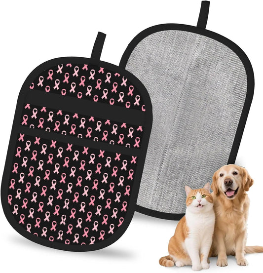 Breast Cancer Awareness Pink Ribbon Pet Hair Removal Glove Dogs Hair Remover Glove Cats Fur Removal Tool with Hanging Loop for Couch 6.7X9.5 in