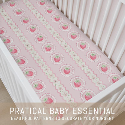Pastel Strawberry Floral Baby Crib Sheets for Girls Pink Strawberries Stripes Soft Snug Fitted Crib Mattress Covers for 52''x28'' Standard Crib & Toddler Mattress Boho Summer Fruits Bed Sheets