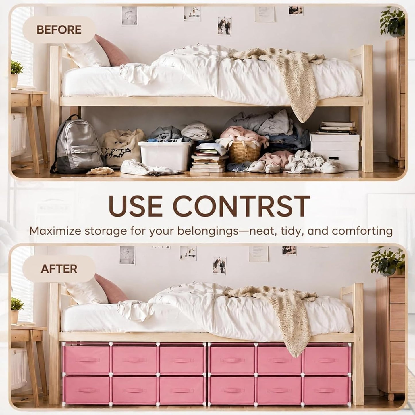 Geetery Under Dorm Bed Cube Organizer Shelf with 6 Cube Fabric Storage Organizer Bins with Handle Dorm Under Bed Closet Drawer for College Essentials Nursery Bedroom Living Room(Pink)