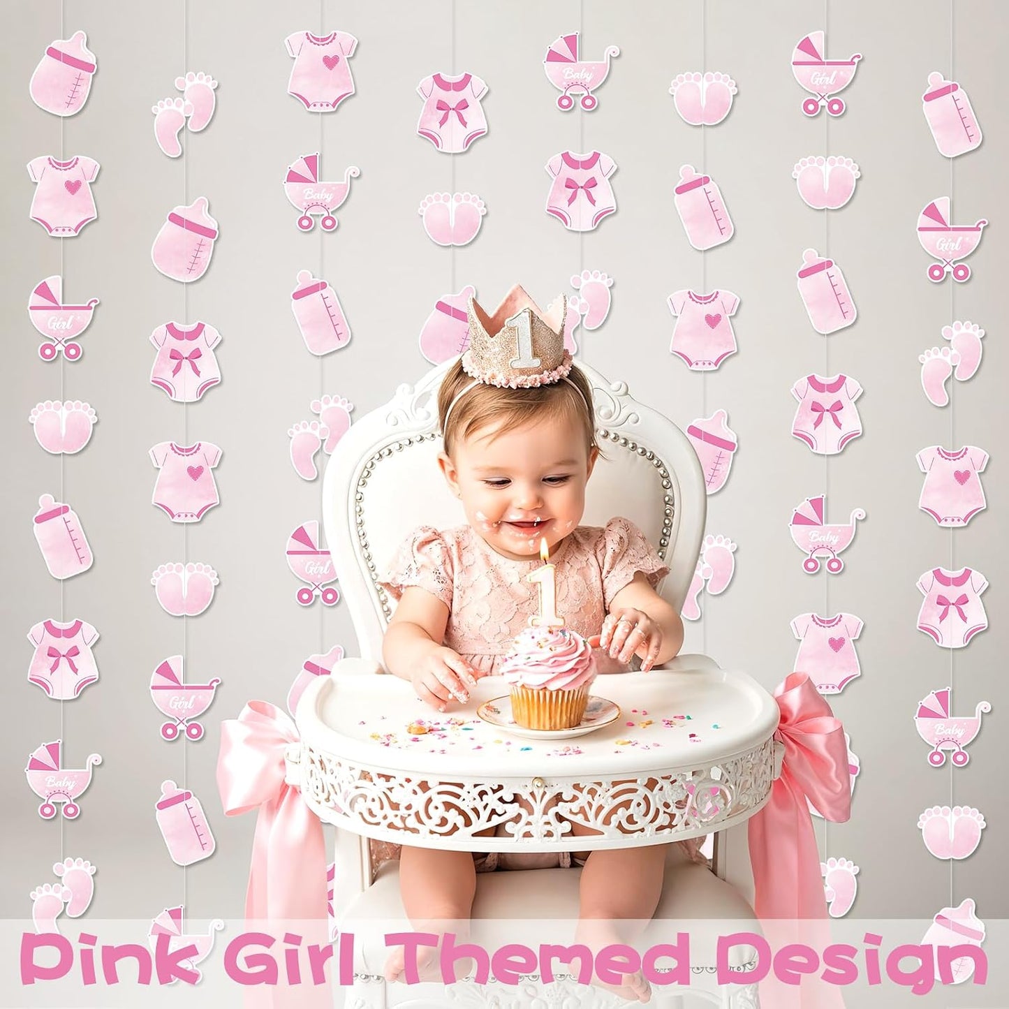 Weecent 8 Pack Pre-Strung Pink Baby Shower Banner Baby Girl Party Decorations Pink Paper Garland Baby Girl Birthday Party Favors Baby Shower Party Supplies