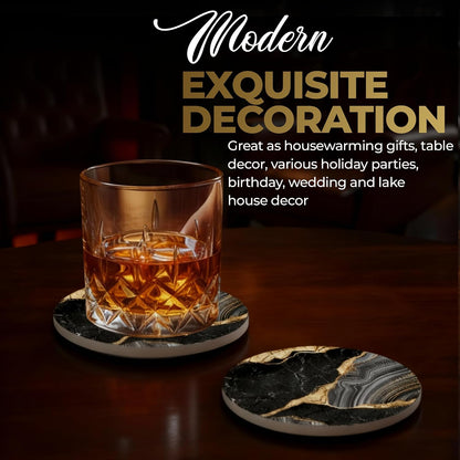 Elegant Black & Gold Marble Ceramic Coasters - Set of 6 with Gold Metal Holder - Round Drink Coasters for Coffee, Tea, Whiskey, Wine - Stylish Home & Kitchen Decor