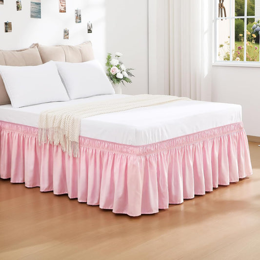 RIMELA Dusty Pink Bed Skirt Queen Size 15 Inch Drop, Wrap Around Elastic Bedskirt, Dust Ruffle for Adjustable Bed Base Machine Washable Easy to Install Bed Skirts