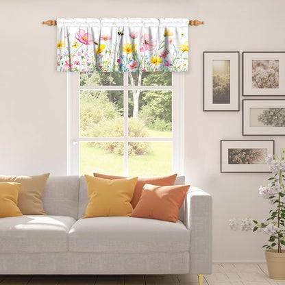 Spring Floral Window Valance for Kitchen 54"x18" Pink Yellow Wildflowers Flowers Bees Short Curtains Farmhouse Decorative Rod Pocket Window Valance for Living Room, Bedroom, Bathroom