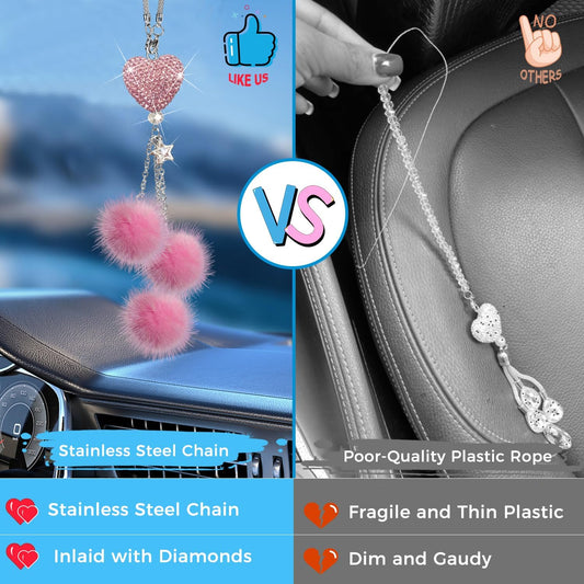 Pink Bling Car Accessories Interior for Women - Girly Crystal Car Rearview Mirror Decor, Cute Rinestones Diamond para Carro de Mujer, Vehicle Mirror Decor Love Heart [Fuzzy Plush Ball]
