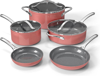Bakken 12-Piece Ceramic Cookware Set, Nonstick Pots and Pans Set, Non-Toxic PTFE & PFAS-Free Cookware with Silicone Utensils, Induction & All Stovetops Compatible, Dishwasher Safe, Pink