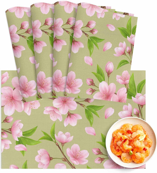 Pink Peach Flowers Placemats Set of 4, Washable PVC Kitchen Table Mats Place Mats, Spring Botanical Watercolor Floral Green Woven Vinyl Placemat for Dining Table, 13" x 19"