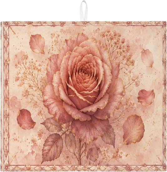Rose Dish Drying Mats for Kitchen Counter, Blush Peach Vintage Absorbent Dish Drainer Rack Mat, Spring Floral Microfiber Drying Pad for Kitchen Counter 16x18 Inch