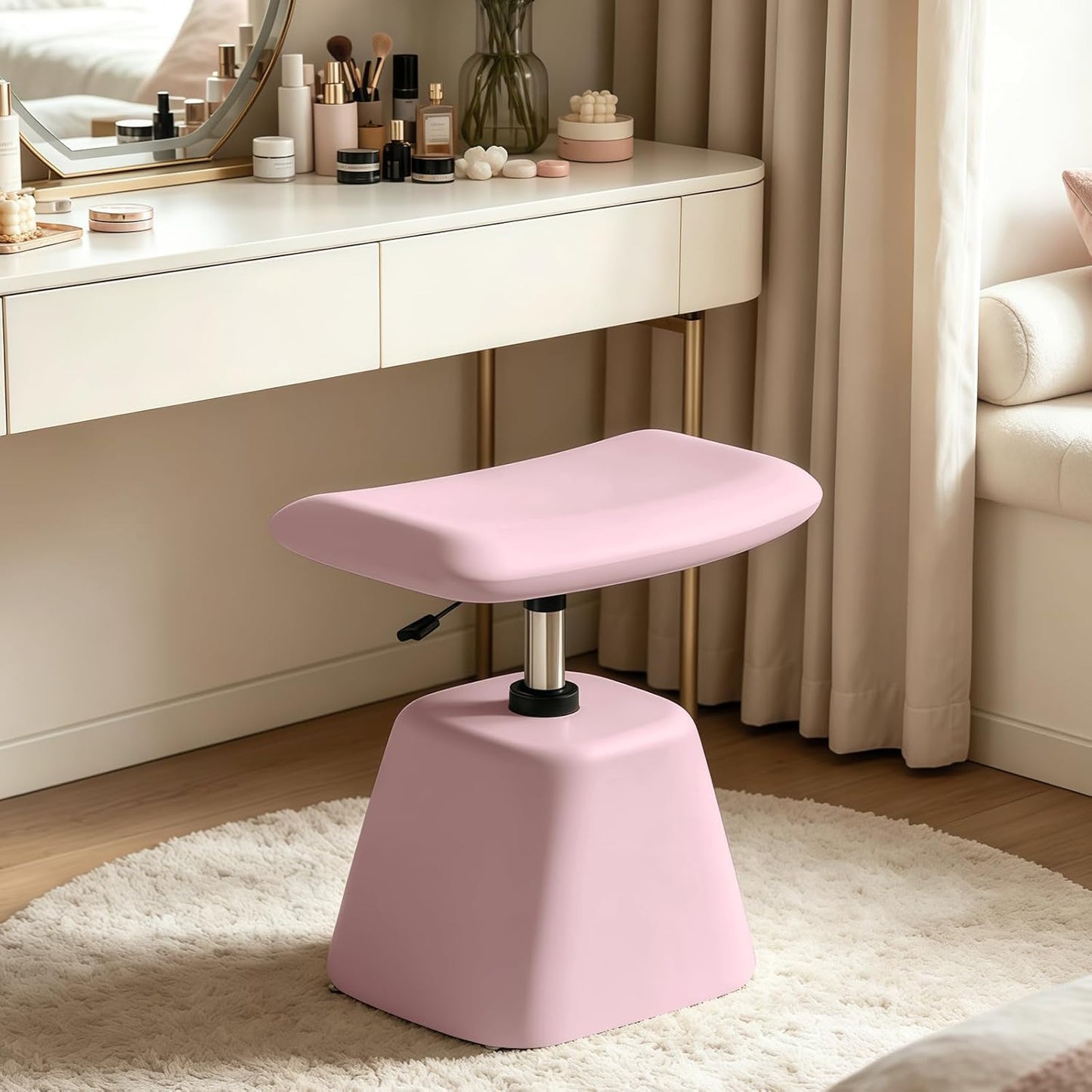 JPBSTO Small Ottoman Footrest, Modern Vanity Stool Chair Adjustable Height, Upholstered Ottoman with Soft Padded Seat Under Desk for Living Room, Vanity, Entryway, Bedroom (Pink, W-Ottoman)