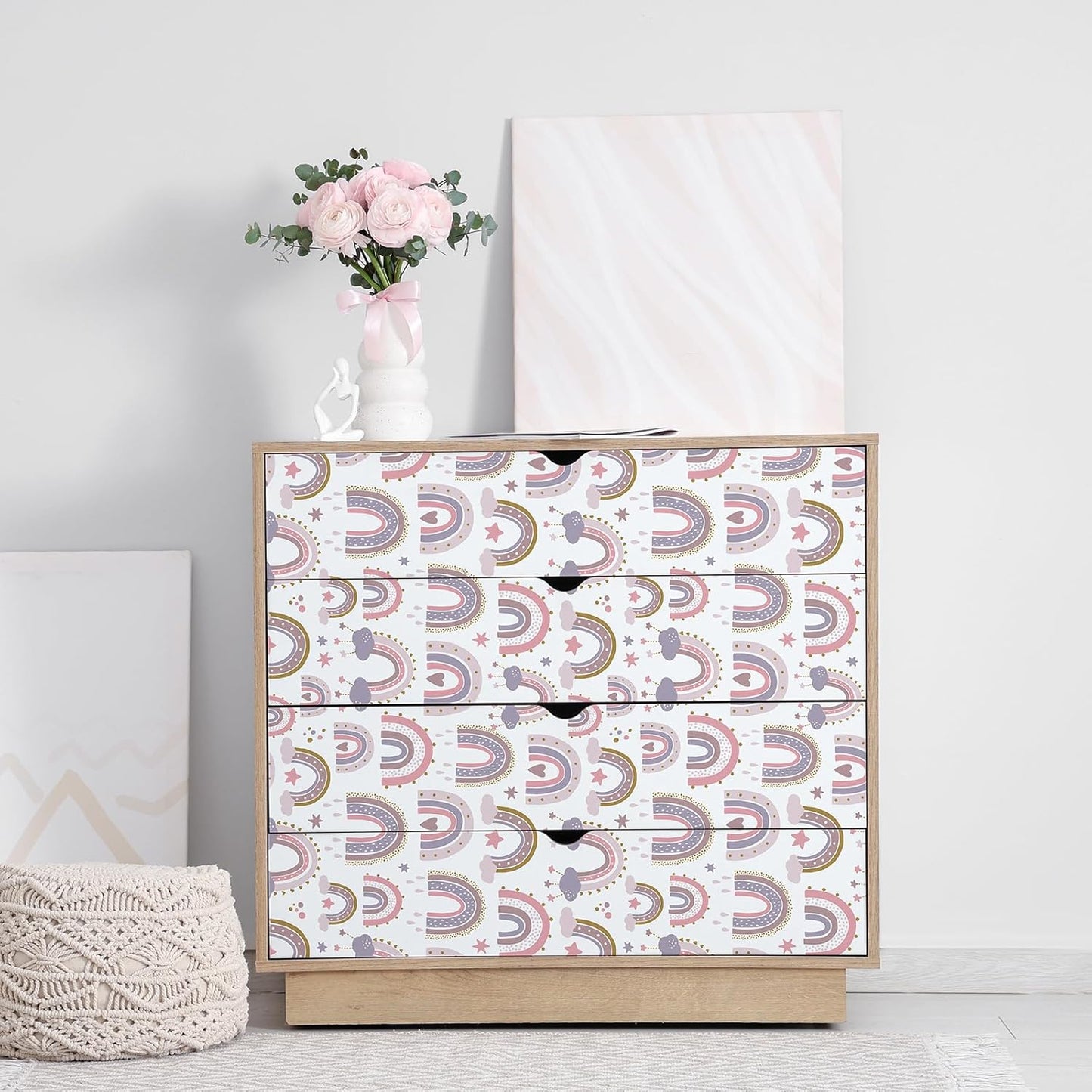 CHIHUT 17.7"x100" Pastel Rainbow Wallpaper Soft Pink Purple Blue Wall Mural with Clouds Stars Pattern Wallpaper Peel and Stick Rainbow Contact Paper for Kids Room Nursery Playroom Wall Décor
