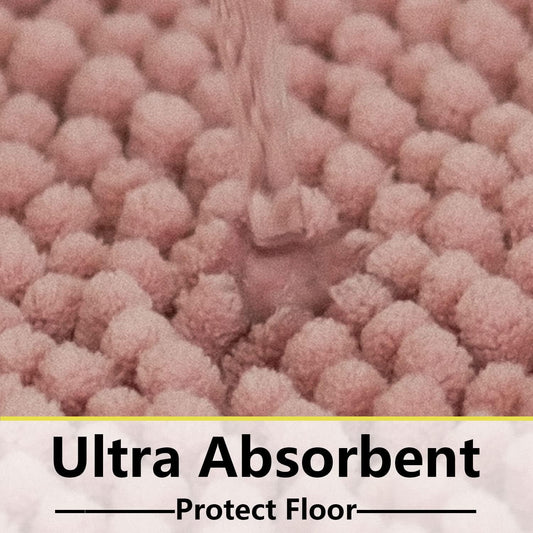 Bathroom Rugs Chenille 3-Piece Extra Soft and Absorbent Shag Bathroom Rugs, Machine Wash Mat, Strong PVC Non-Slip Underside, Plush Carpet Mats (Deep Pink)