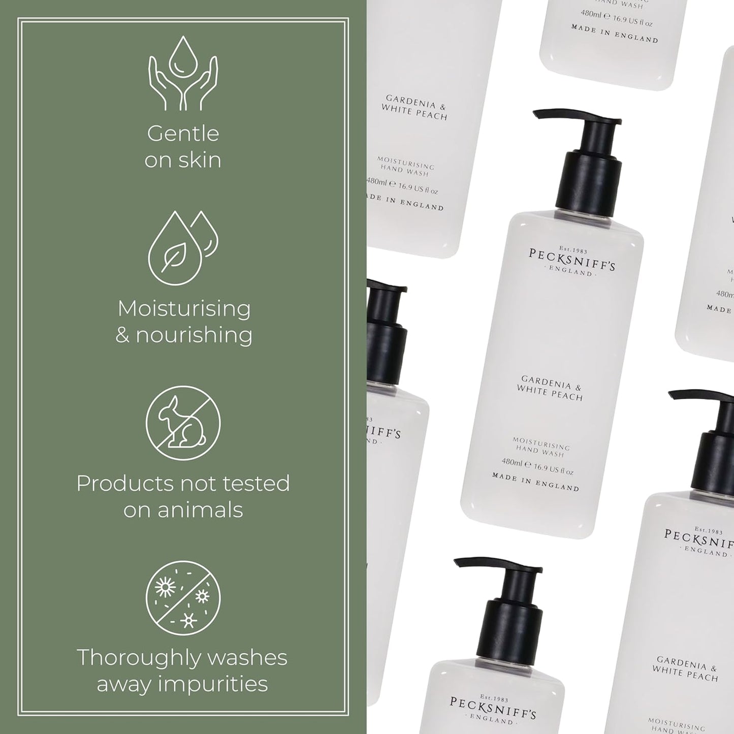 Pecksniff's Hand Wash - Liquid Hand Soap for Soft Skin, Natural, Revitalising, Hydrates and Moisturises, Handcrafted in England, Cruelty Free, Gift of Luxury 480ml/16.2 fl oz (Gardenia & White Peach)