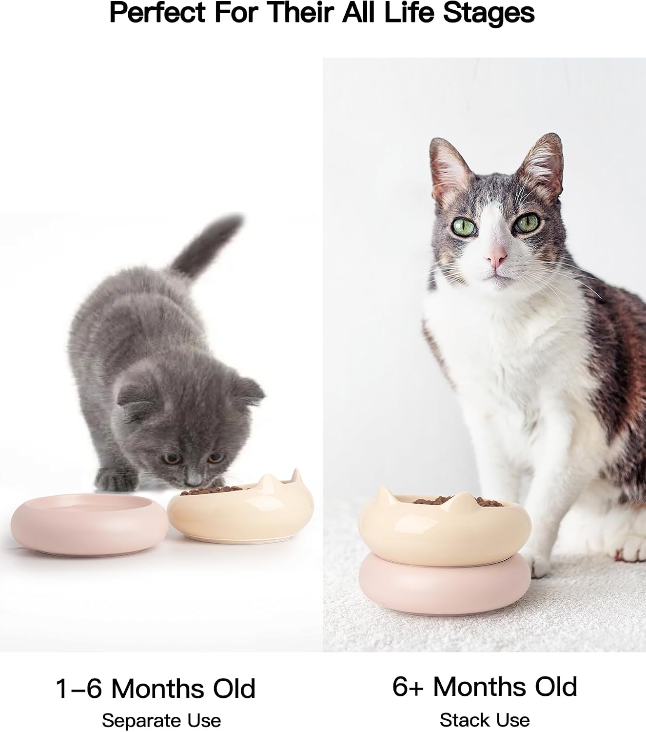 Cat Bowls, Ceramic Cat Bowls Food and Water Bowl Set, Whisker Friendly Cute Kitten Food Bowls for Protecting Pet's Spine, Perfect for Dry & Wet Food, Pink & Beige