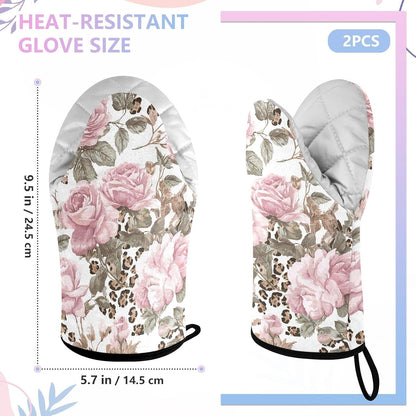 Oven Mitt 2 Pack Set Leopard Print Pink Rose Kitchen Mitts Gloves for for Cooking Baking Grilling