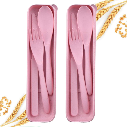 2Pack Pink Wheat Straw Travel Utensil Set, Reusable Fork Spoon Knife with Case, BPA-Free Portable Cutlery for Camping, Picnic & Office