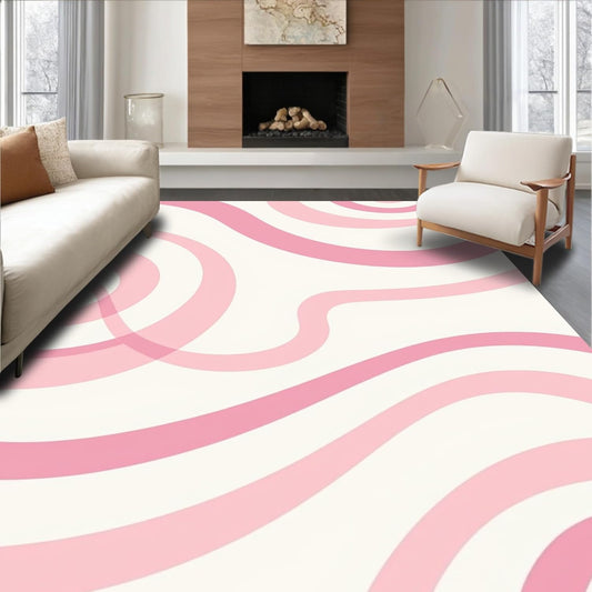Flatwoven High Traffic Area Rug 5x7, Minimalist Abstract Swirl with Contour Waves, Non Slip, Stain Resistant, Washable Area Rugs for Living Room, Bedroom (Pink, 5x7)