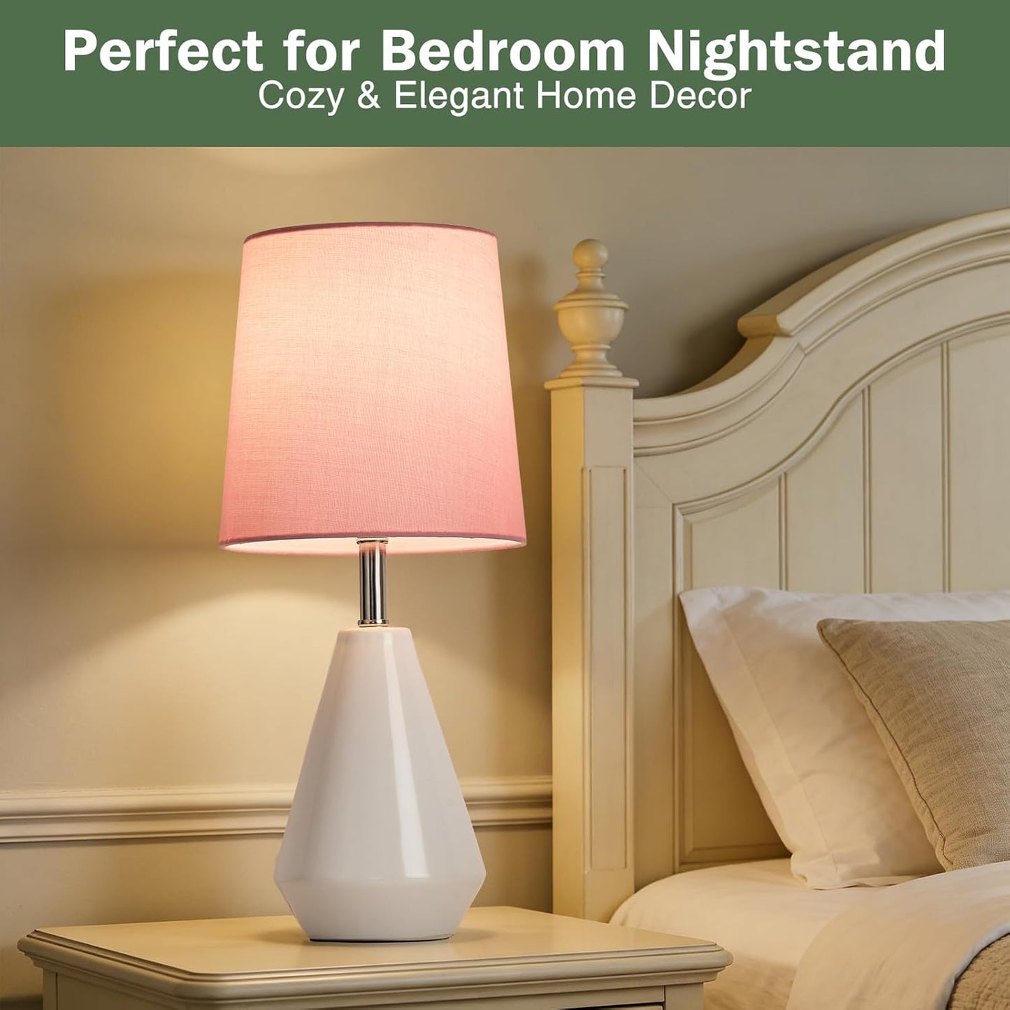 Small Bedside Table Lamp for Bedroom - Reading Desk Lamp with 3 Color Temperatures，15.5" Nightstand Ceramic Lamp with Fabric Shade for Kids Room,Living Room,Dorm,Home Office (White+Pink