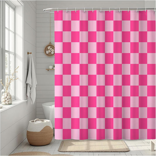 Checkered Shower Curtain, Classic Minimalist Pink Checkerboard Desgin, Waterproof Polyester Fabric Shower Curtains Sets with Hooks for Bathroom 72x72 Inches