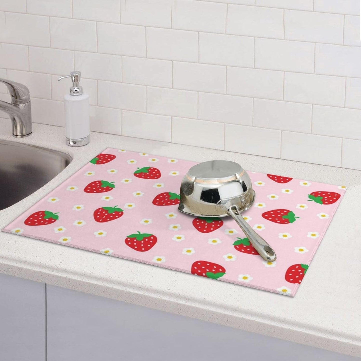 Strawberry Dish Drying Mat for Kitchen Counter Microfiber Absorbent Cute Pink Floral Fruits Kitchen Decor Draining Mat Extra Large Washable Dish Drainer Rack Mats Coffee Bar Accessories18"x24"
