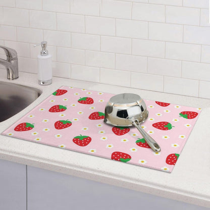 Strawberry Dish Drying Mat for Kitchen Counter Microfiber Absorbent Cute Pink Floral Fruits Kitchen Decor Draining Mat Extra Large Washable Dish Drainer Rack Mats Coffee Bar Accessories18"x24"