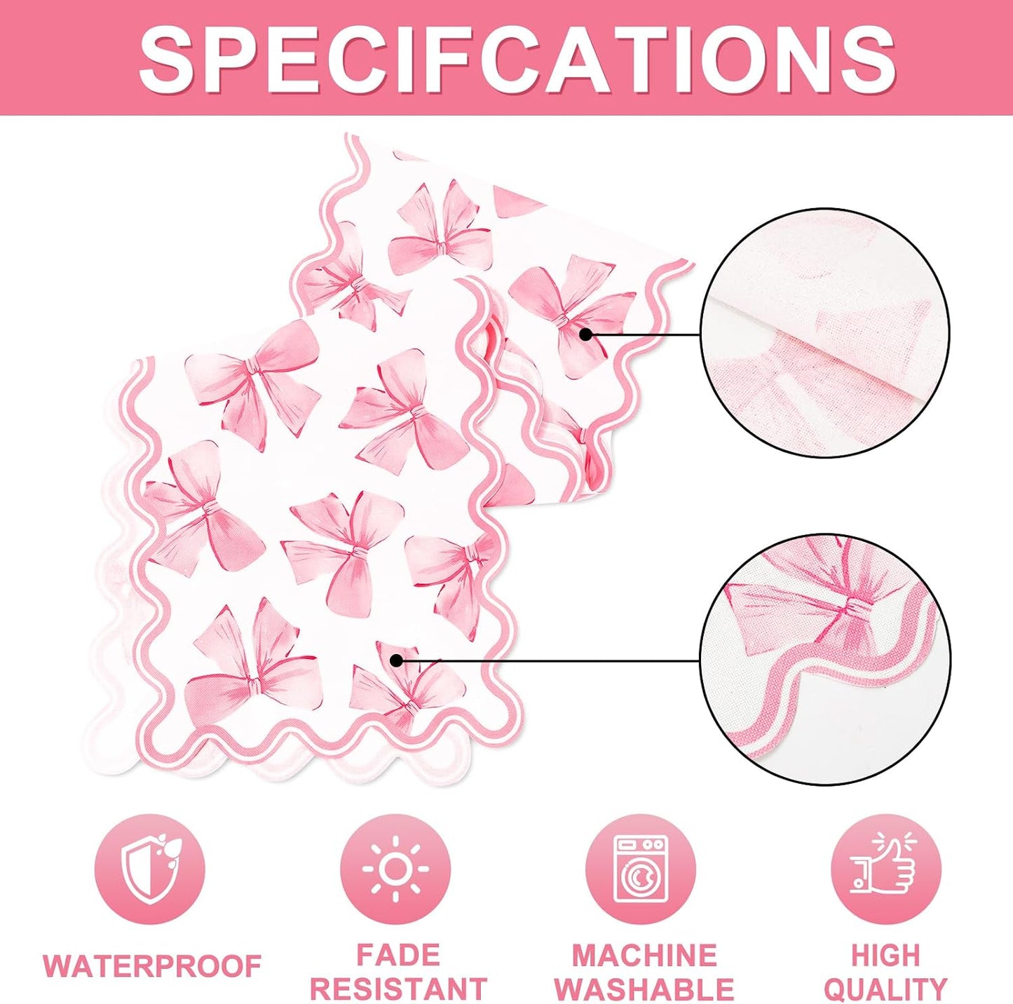 Pink Bow Table Runner Bowknot Scalloped Kitchen Dining Table Cover Coquette Bow Decoration for Indoor Outdoor Home Party Supplies, 13 x 90 Inch