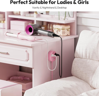 NTONPOWER Pink Extension Cord 5ft, Cute Power Strip with 3 AC Outlets & 2 USB C & 2 USB A, Flat Extension Cord, Wall Mount, Flat Plug Power Strip for Home, Dorm, Vanity Desk, Women Essential