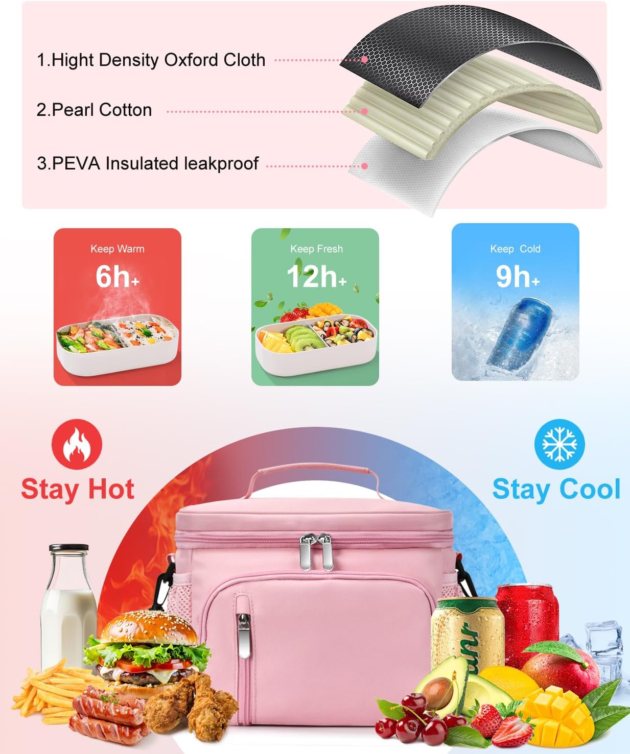 Insulated Lunch Bag for Men & Women, 9L Leakproof Lunch Box Soft Cooler Tote with 5 Pockets, 600D Oxford, EVA Lining, Adjustable Strap for Work, Picnic, Beach&Travel-Pink
