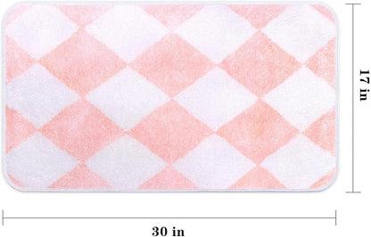 Pink White Checkered Grid Bathroom Mat Non-Slip Bath Rug Microfiber Soft Plush Cute Carpets Floor Mat Machine Wash Dry for Home Tub and Shower Bathroom Decor