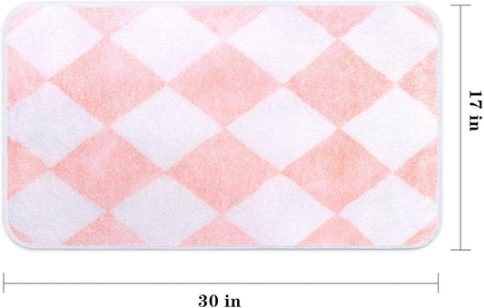 Pink White Checkered Grid Bathroom Mat Non-Slip Bath Rug Microfiber Soft Plush Cute Carpets Floor Mat Machine Wash Dry for Home Tub and Shower Bathroom Decor