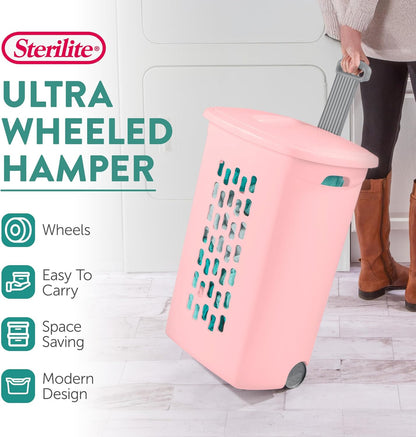 Sterilite 3 Pack Ultra Wheeled Hamper, Plastic Laundry Basket Clothes Bin with Wheels, Flip Top Lid and Retractable Handle, Pink Frost