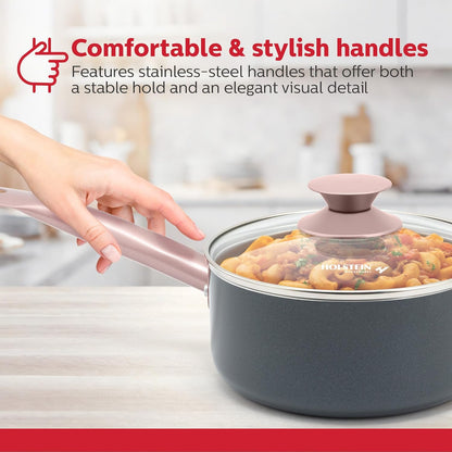 Housewares 2.5QT Ceramic Nonstick Saucepan with Glass Lid, Multipurpose Sauce Pan with Stainless Steel Handle, Induction Bottom – Stylish, Durable & Easy to Clean, Cool Grey & Rose Gold