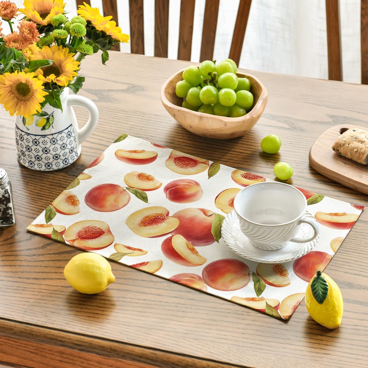 Artoid Mode Peach Fruit Summer Placemats Set of 4, 12x18 Inch Seasonal Spring Holiday Table Mats for Party Kitchen Dining Decoration