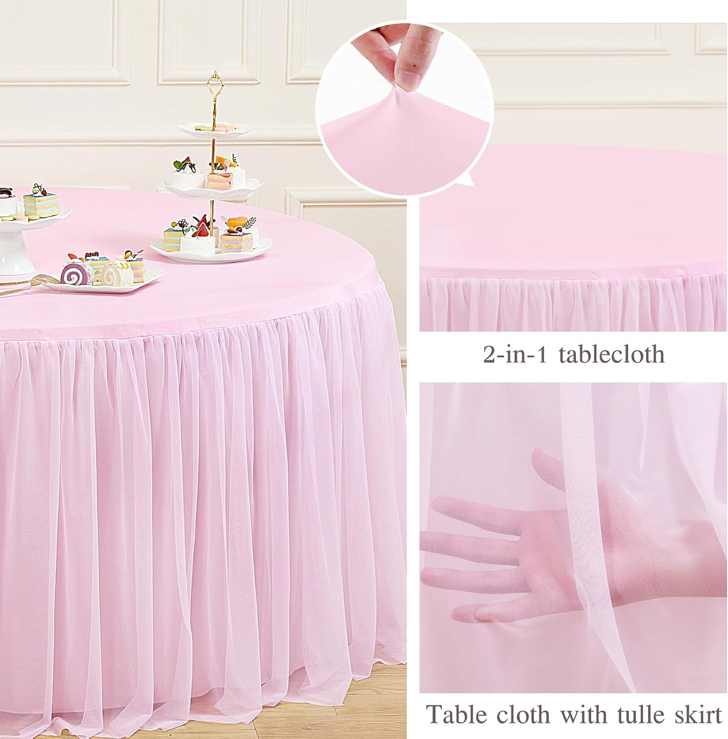 HB HBB MAGIC Light Pink Round Tablecloth 48 inch Stretchy Elastic Fitted Round Table Cloth Cover, Pink Table Cloths for Parties Tulle Table Cloth with Skirt Wedding Bridal Shower Tables Decoration