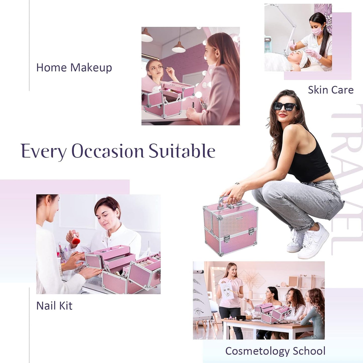 Frenessa Makeup Case Makeup Box Cosmetic Organizer Case Portable Make Up Artist Travel Case Storage Box 4 Trays with Dividers Lockable Hard Train Case Nail Tech Supply Storage Mermaid Pink