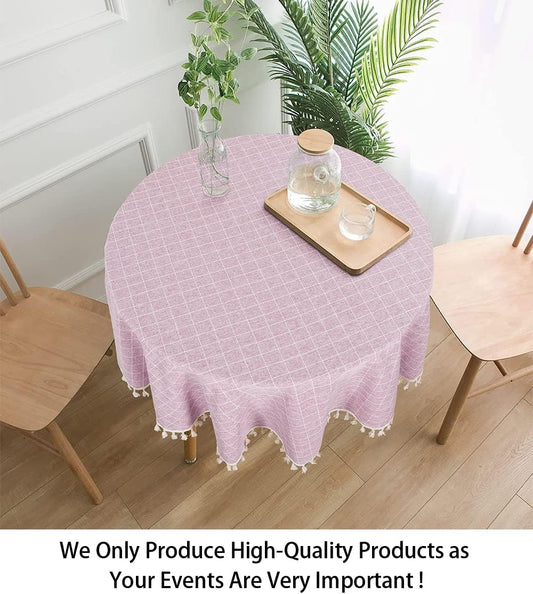 ShinyBeauty Round Cotton Linen Tablecloth - Wrinkle Free, Dust-Proof, Washable Buffalo Check Table Linen with Pink Embroidery Tassel - 55" for Home Kitchen Tables