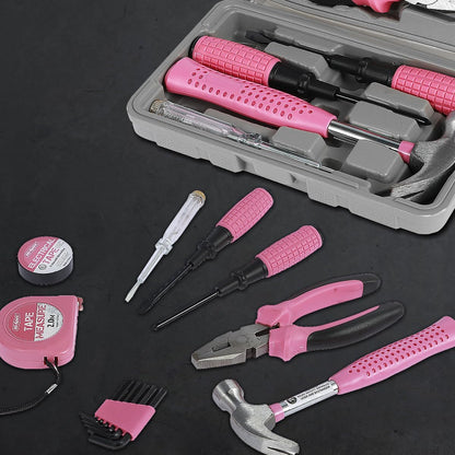 13/24Pcs Household Repair Tool Kit Multi-Purpose Pink Home Hand Tool Set with Storage Case Hammer and Allen Key Set with Electrical Tape Screwdriver Test Pen Plier Bits QUZHEMA_US