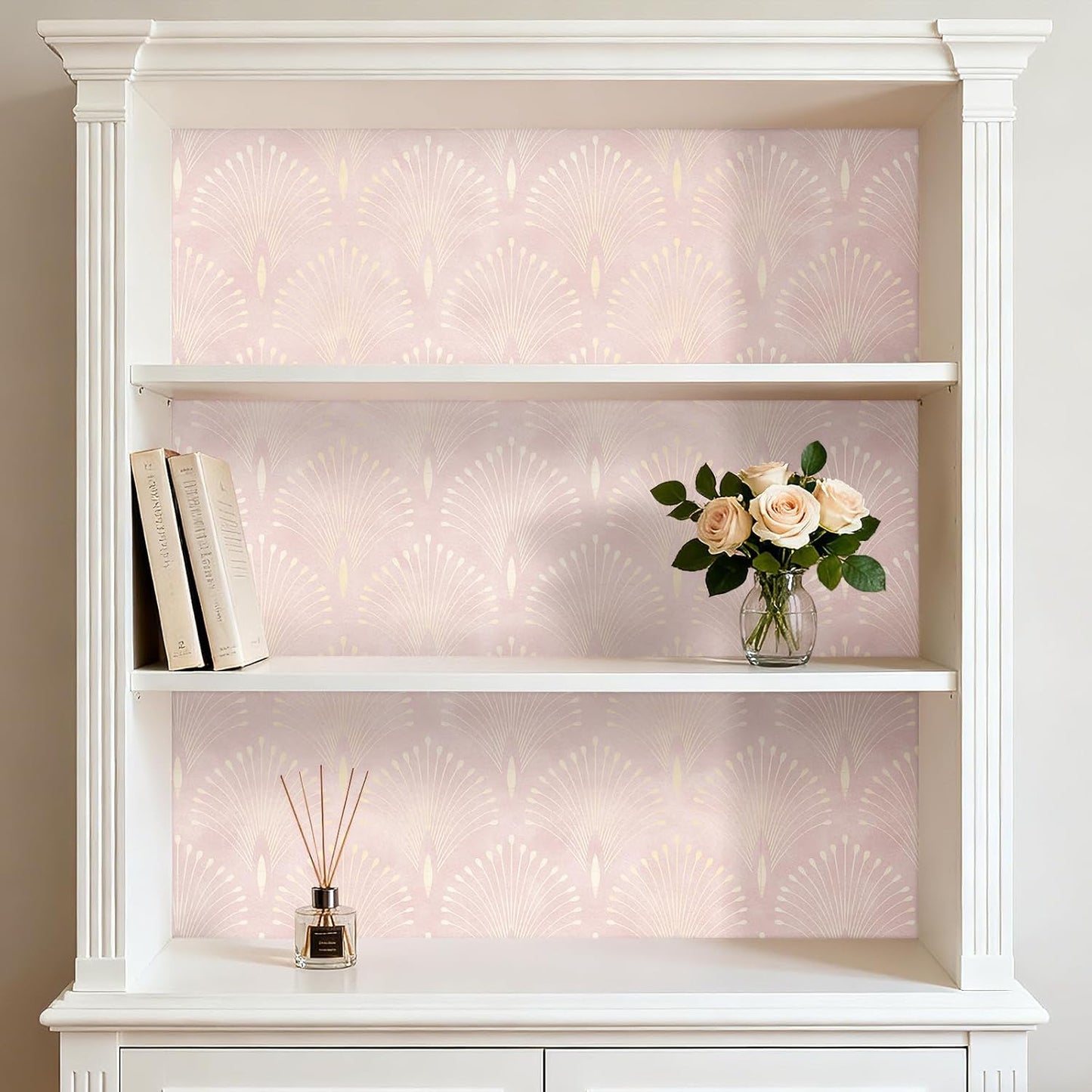 17.5x393 Art Deco Peel and Stick Wallpaper Pink and Gold Girl Bedroom Wall Paper Accent Wall Covering Light Pink Contact Paper Kids Room Nursery Cute Girly Wallpaper Sheets Renter Friendly