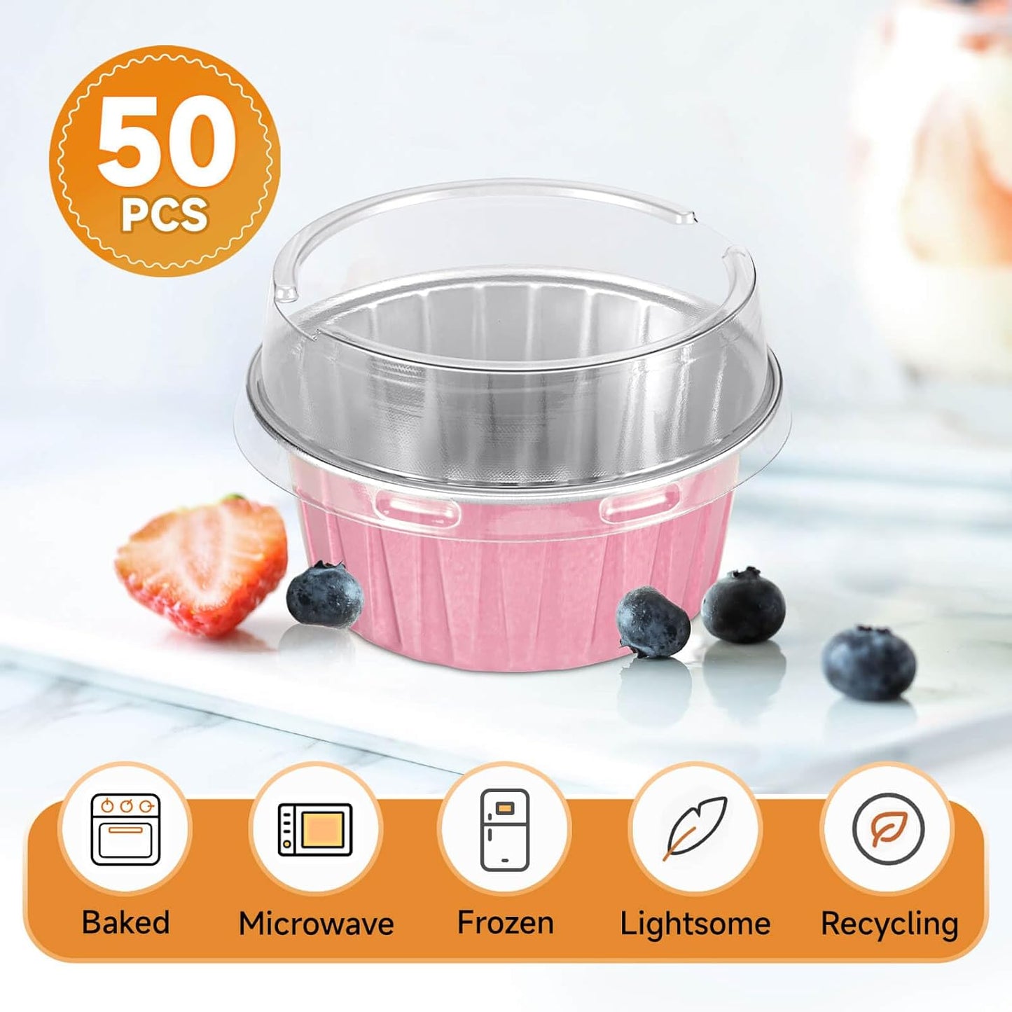 50pcs Mini Disposable Foil Ramekins with Lids 5oz, Aluminum Foil Round Cupcake Liners Muffin Cups, Baking Cups Muffin Pans (Light Pink)