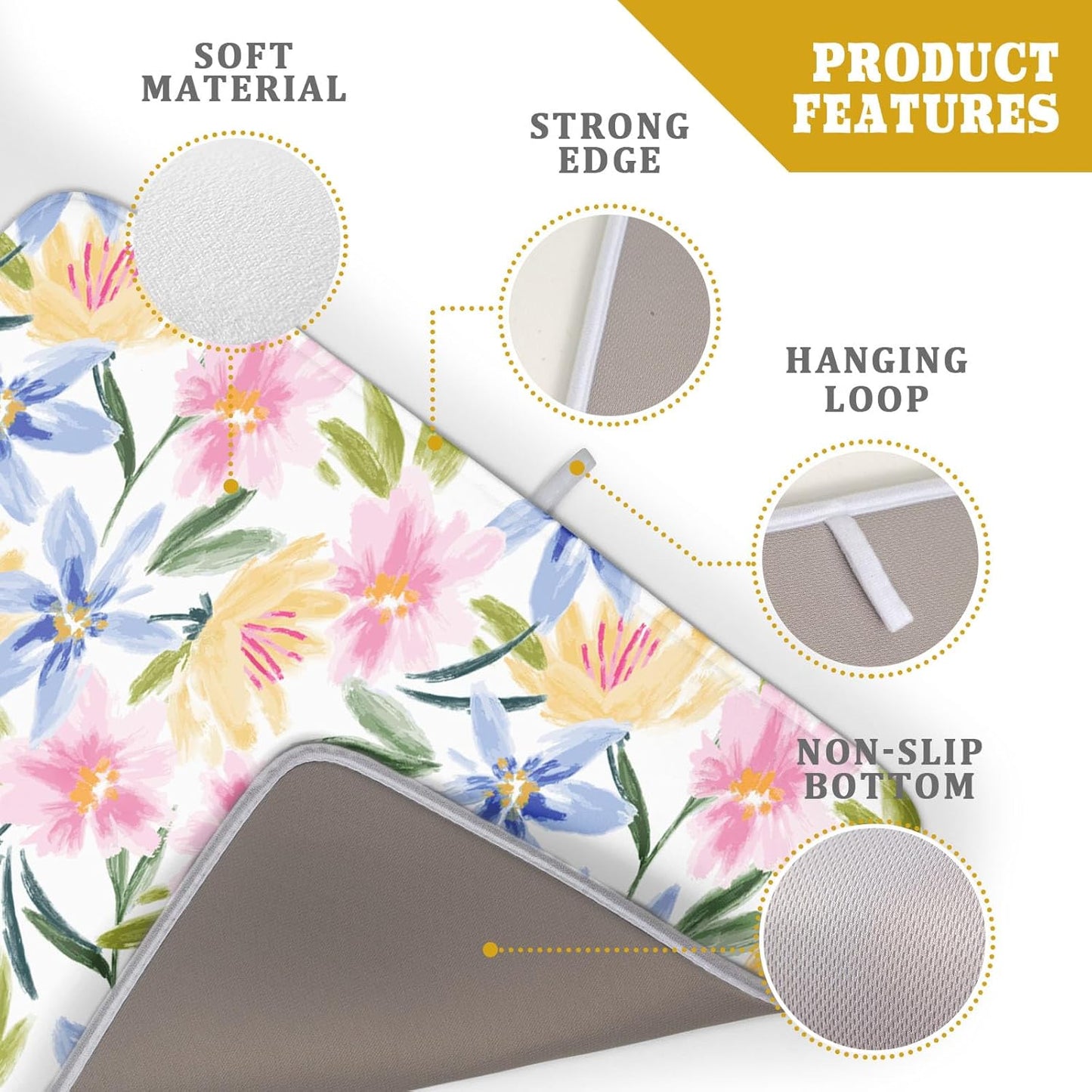 Spring Summer Floral Dish Drying Mat With Absorbent Reversible Microfiber Colorful Yellow Pink Blue Flowers Drying Mats 18 x 24 Inch Dish Drainer Mat Fast Dry For Kitchen Dining Room