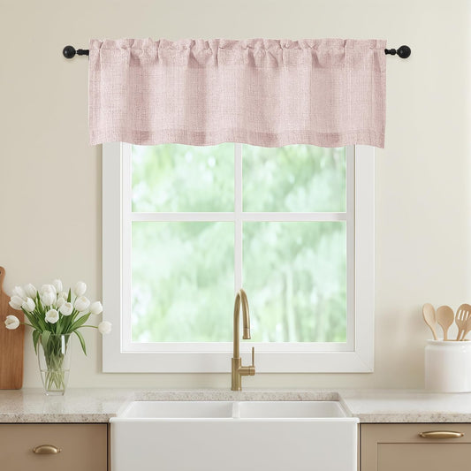 Valances for Windows, Light Filtering Faux Linen Textured Small Short Window Curtain for Bathroom Basement Farmhouse, Rod Pocket Top Half Curtains for Windows, Blush Pink 52Wx14L Inch