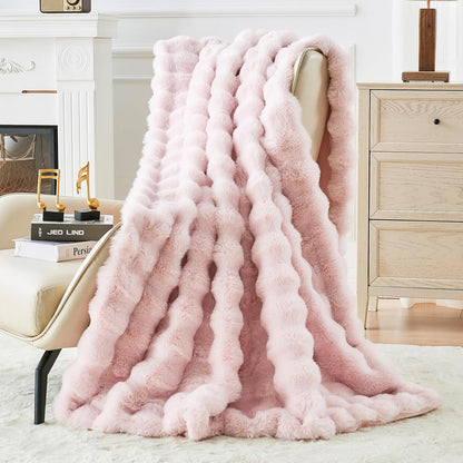 Bigacogo Faux Fur Throw Blanket for Couch, Fuzzy Soft Plush Thick Warm Bubble Blankets for Sofa Bed Living Room Décor, Cute Luxury Cozy Fluffy Throw Gift for Women Girls, 60"x70", Pink