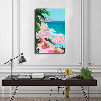 Pink Beach Umbrella Coastal Wall Art Pastel Ocean Canvas Print for Girly Apartment Bedroom Decor, Retro Mediterranean Vacation Poster for Cute Aesthetic Preppy Room Aesthetics