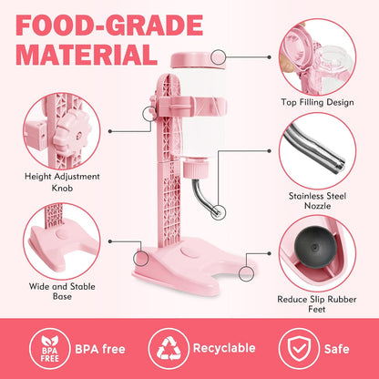 VANNON Pet Standing Water Dispenser Top Fill Dog Water Bottle Dispenser with Stand Leakproof Pet Slow Water Bottle for Small Animals, 13oz, BPA Free, Adjustable Height, Pink
