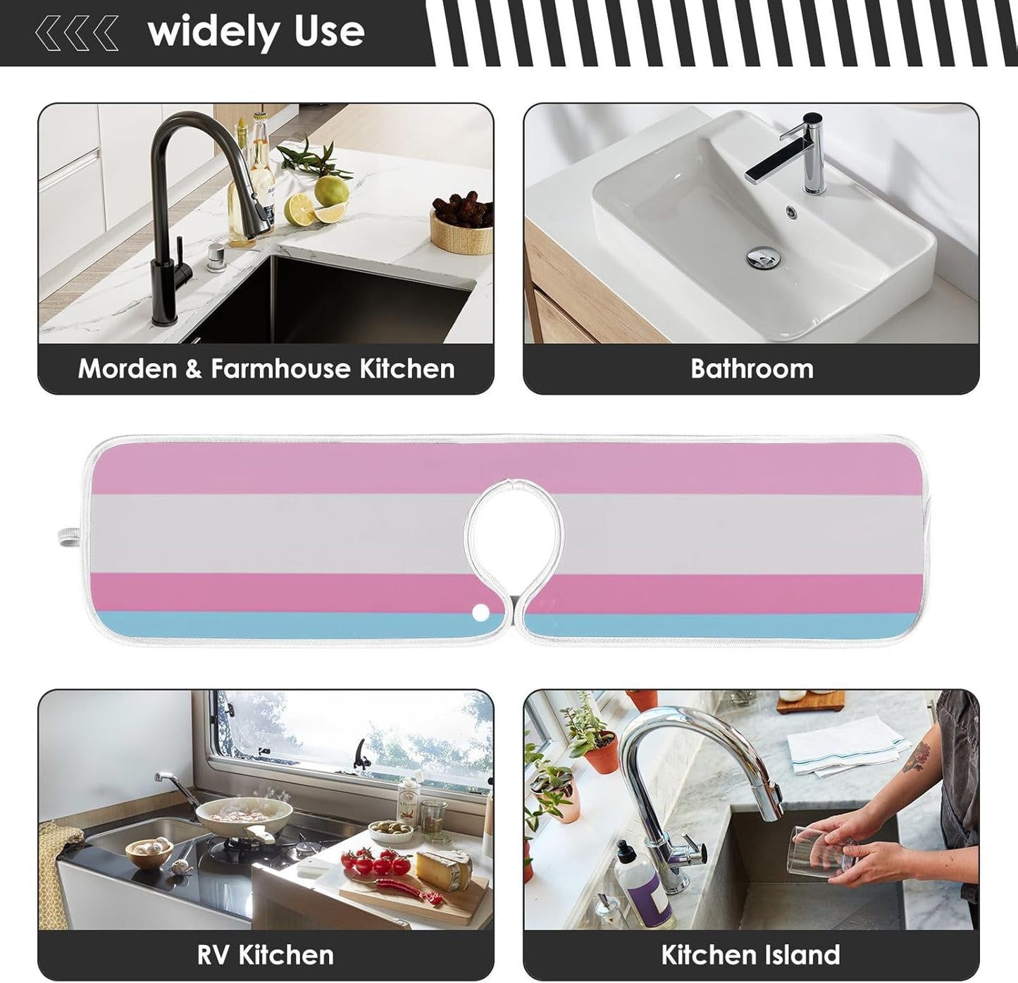 faucet mat with for kitchen sink Prevents Moisture hangable mats for kitchen sink for Kitchen Bathrooms 30”--Pink and Light Blue Straight Stripe Pattern