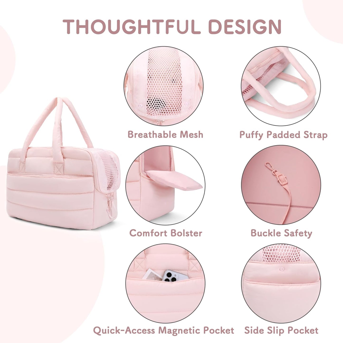 Dog Purse Carrier for Small Dog Cat Rabbit up to 13 lbs, Lightweight Portable Soft Sided Pet Purses, Quilted Puffy Tote Puppy Carrier with Large Pockets for Hiking, Travel, Vet Pink