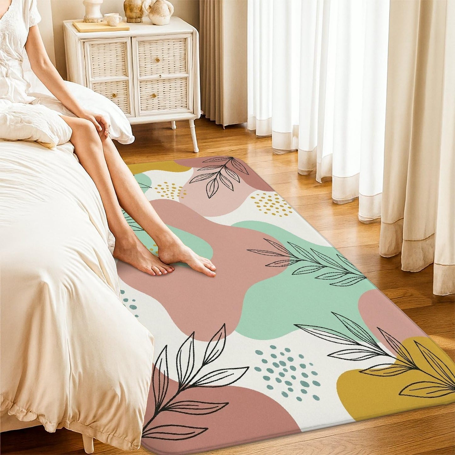 Leaves Area Rug, Modern Minimalistic Dots Curves Spring Pastel Peach Non-Slip Rectangle Floor Carpets Edge Binding Rugs for Living Room Bedroom College Dorm Kitchen Decor 4' X 6'