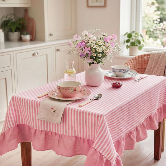 Mindsoft Pink Striped Tablecloth 52 x 70 Inch Rectangle Cotton Linen Ruffled Table Cloth Farmhouse Vintage Decorative Table Cover for Home Birthday Wedding Party Kitchen Picnic Outdoor Decor