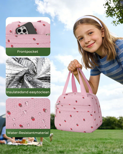 Tuwubi Lunch Box for Women, Cute Corduroy Lunch Bag Insulated Reusable Tote, Water-Resistant Large Capacity Cooler for Work Picnic Travel (M-Pink Strawberry)