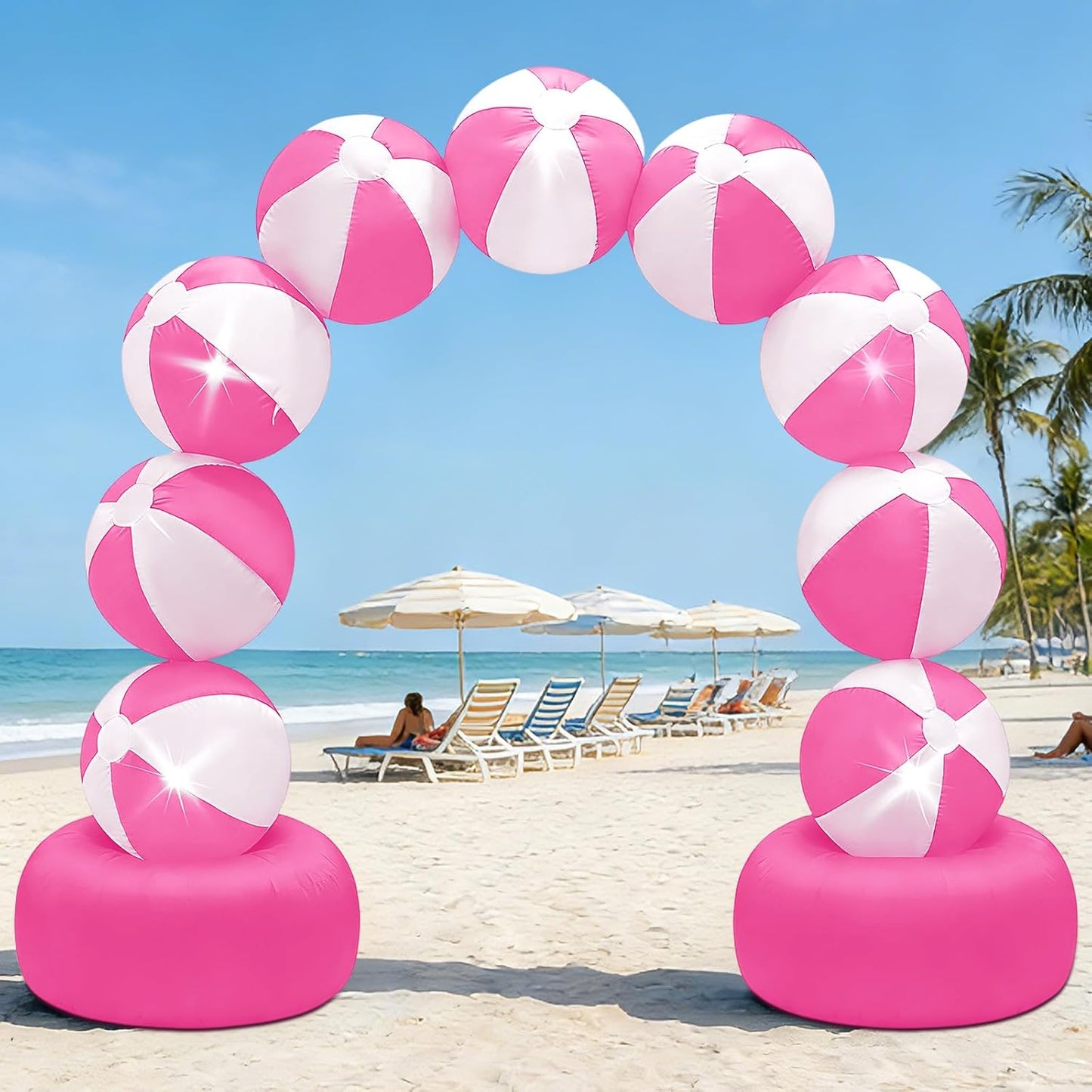8FT Inflatable Beach Ball Arch Built-in 5 LED Lights Pink Blow Up Archway for Summer Outdoor Decorations Tropical Luau Carnival Pool Beach Birthday Party Supplies Yard Garden Lawn Photo Backdrop