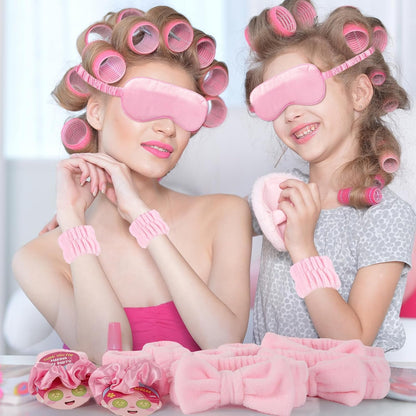 72 Pcs Spa Sleepover Party Supplies for Girls With DIY Stickers And Greeting Card Pink Headband Wristbands Eye Mask Hair Scrunchie Tote Bag Sleeping Slumber Party Favors