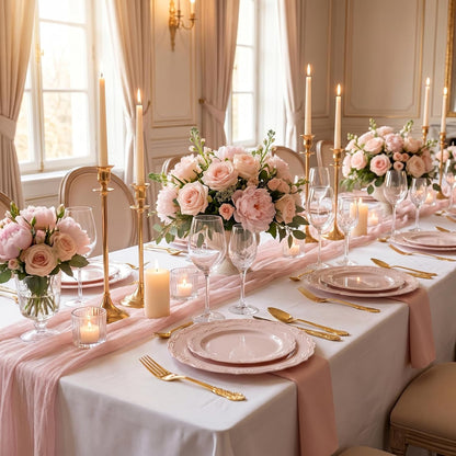 DaYammi 150Pcs Pink Plastic Plates & Gold Plastic Silverware,Pink Disposable Plates for Party Include 30 Dinner Plate,30 Dessert Plate,30 Gold Forks and 30 Spoons, 30 Knives for Wedding Bridal Shower